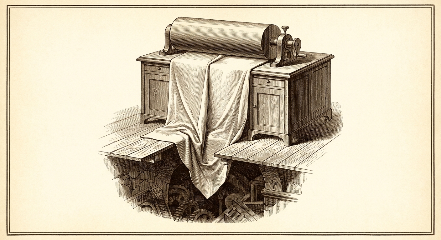 A crease pressed flat above; continuing unresolved in a cellar below