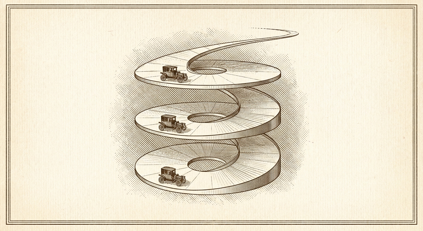 Three-level spiral garage over one spot; the ramp never completes