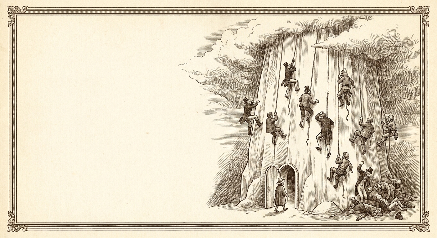 A century of climbers on a smooth wall; a door at the base
